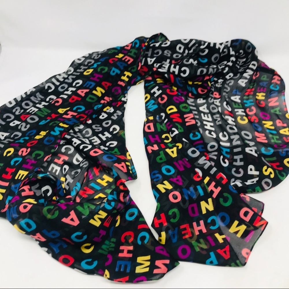 Moschino Vintage Graffiti Black White Pink Silk Scarf Rectangle - Picture 3 of 7